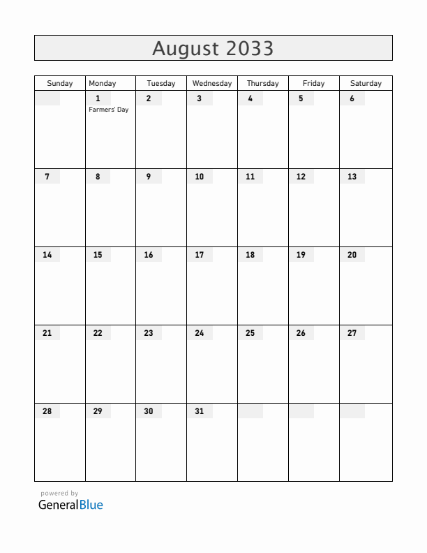 Zambia August 2033 Calendar with Holidays