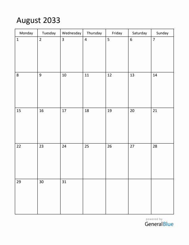 Monday Start Calendar for August 2033