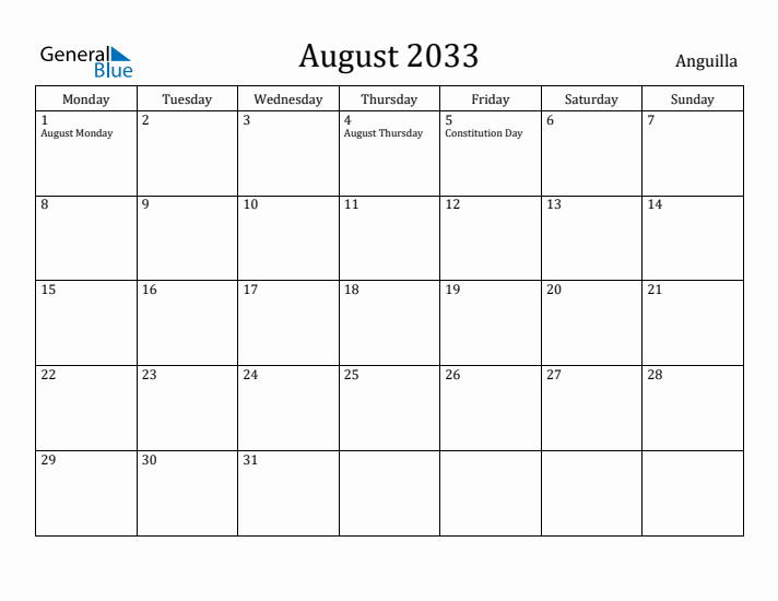 August 2033 Calendar Anguilla