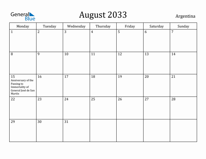 August 2033 Calendar Argentina