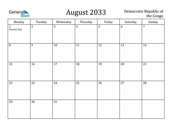 August 2033 Calendar Democratic Republic of the Congo