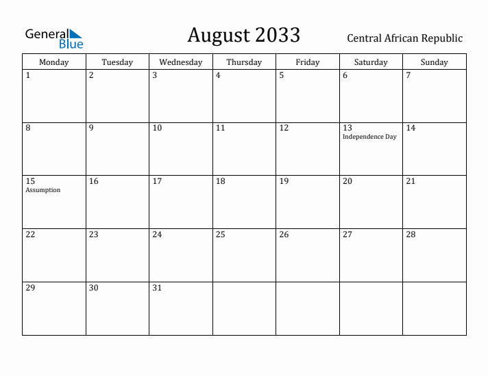 August 2033 Calendar Central African Republic