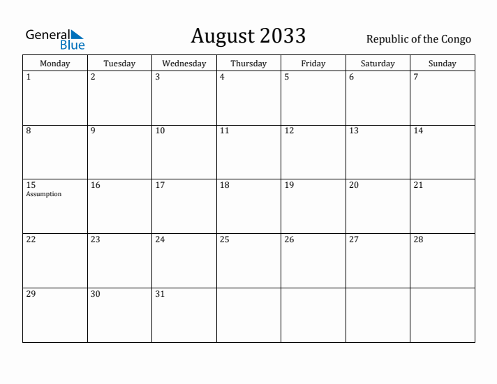 August 2033 Calendar Republic of the Congo
