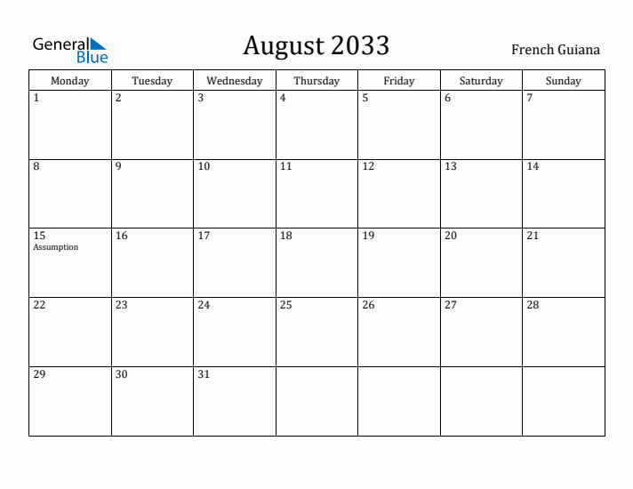 August 2033 Calendar French Guiana