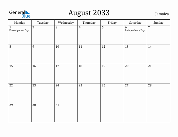 August 2033 Calendar Jamaica