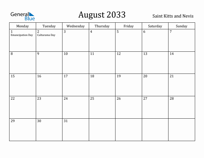 August 2033 Calendar Saint Kitts and Nevis