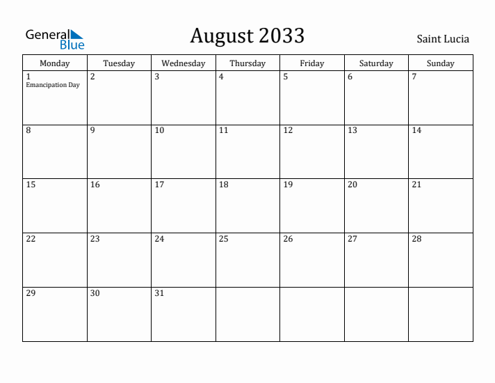 August 2033 Calendar Saint Lucia
