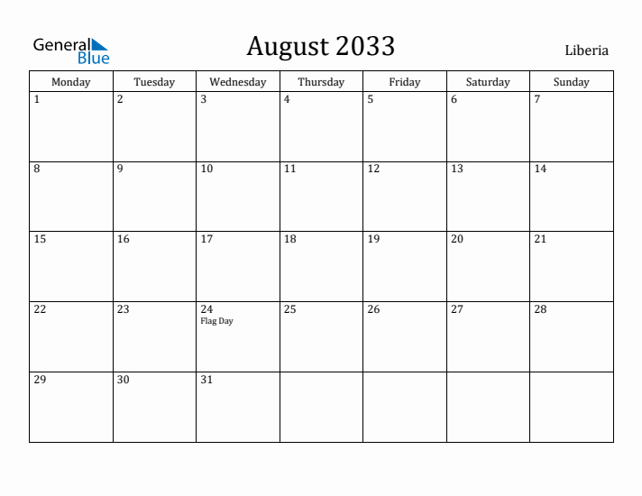 August 2033 Calendar Liberia