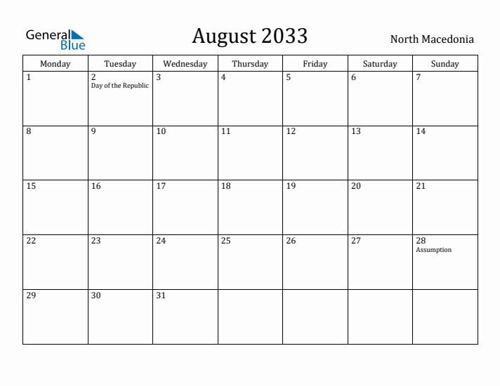 August 2033 Calendar North Macedonia