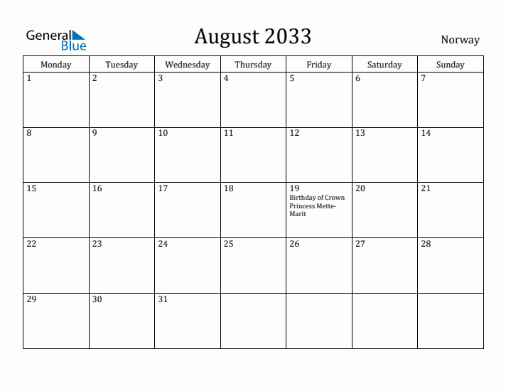 August 2033 Calendar Norway