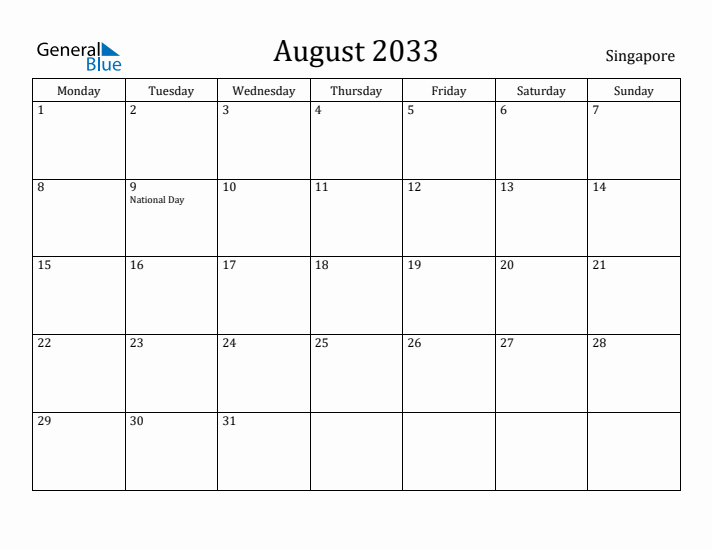 August 2033 Calendar Singapore