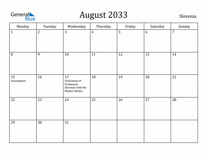 August 2033 Calendar Slovenia