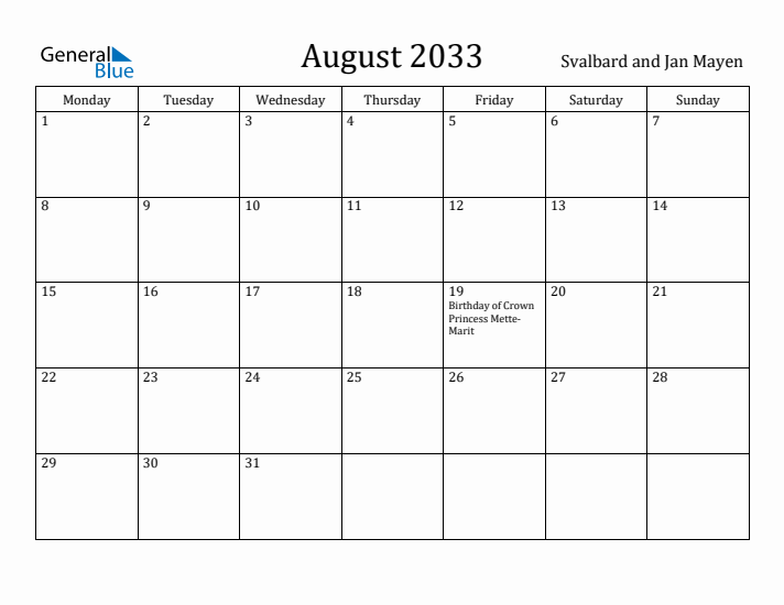August 2033 Calendar Svalbard and Jan Mayen