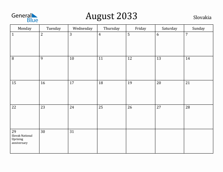August 2033 Calendar Slovakia