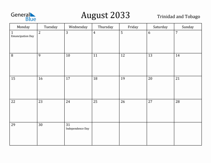 August 2033 Calendar Trinidad and Tobago