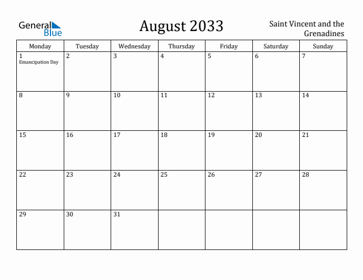August 2033 Calendar Saint Vincent and the Grenadines