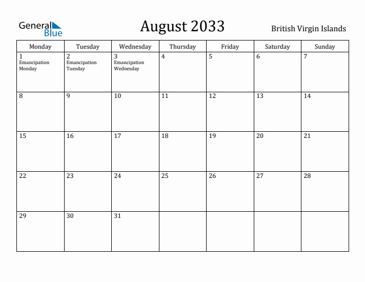 August 2033 Calendar British Virgin Islands