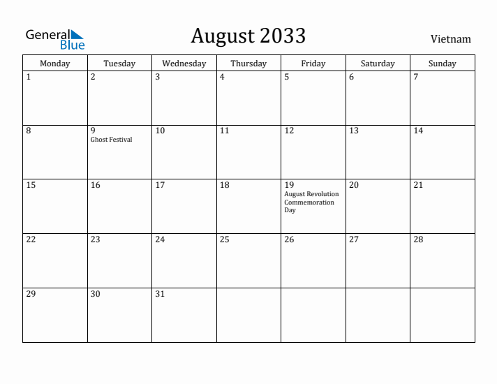 August 2033 Calendar Vietnam