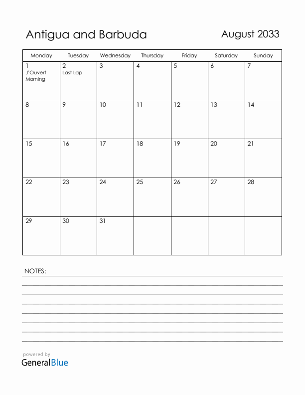 August 2033 Antigua and Barbuda Calendar with Holidays (Monday Start)