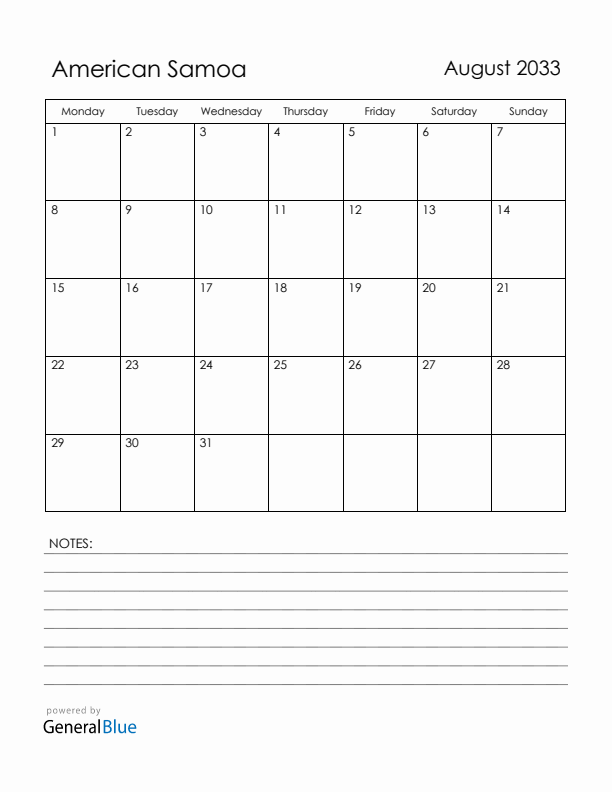 August 2033 American Samoa Calendar with Holidays (Monday Start)