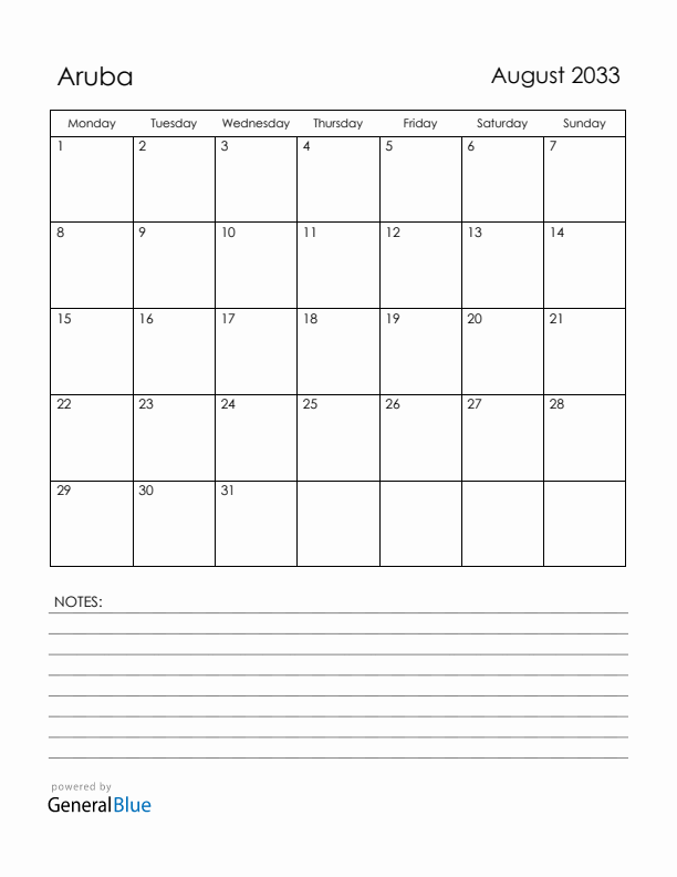 August 2033 Aruba Calendar with Holidays (Monday Start)