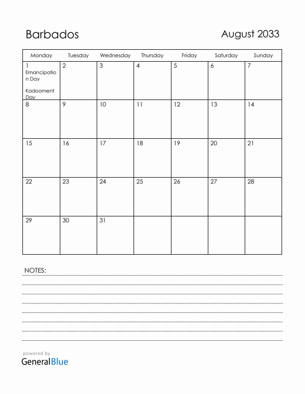 August 2033 Barbados Calendar with Holidays (Monday Start)
