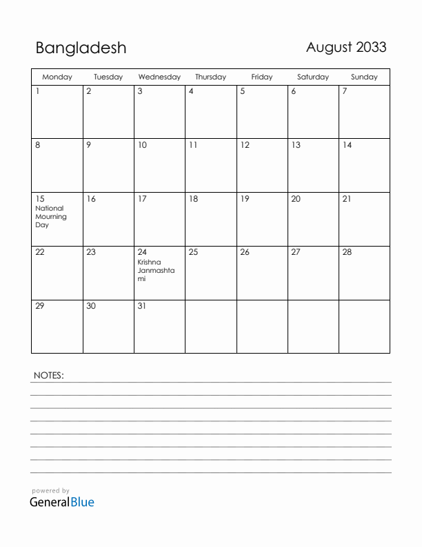 August 2033 Bangladesh Calendar with Holidays (Monday Start)