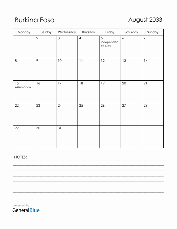 August 2033 Burkina Faso Calendar with Holidays (Monday Start)