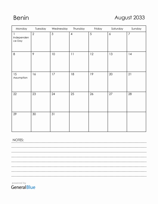 August 2033 Benin Calendar with Holidays (Monday Start)