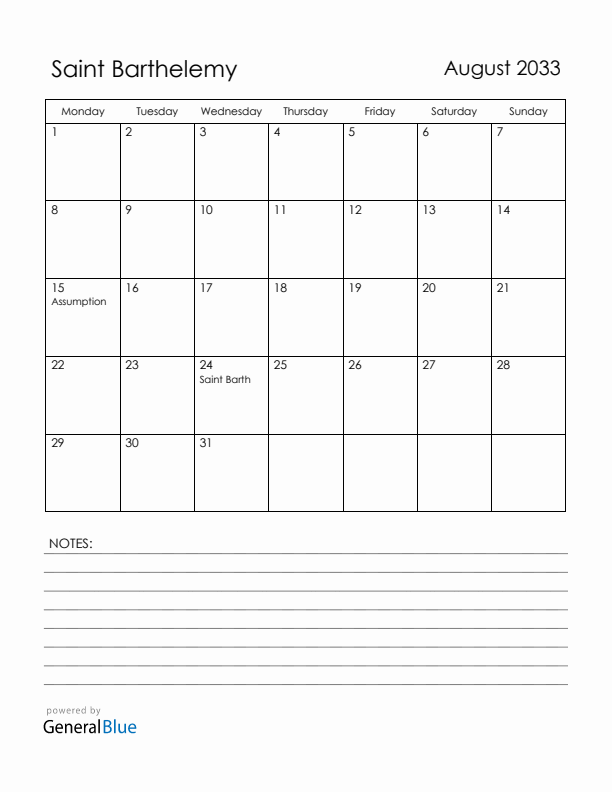 August 2033 Saint Barthelemy Calendar with Holidays (Monday Start)