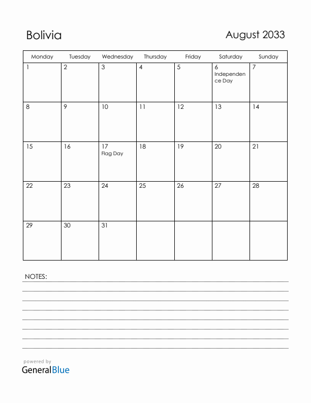 August 2033 Bolivia Calendar with Holidays (Monday Start)