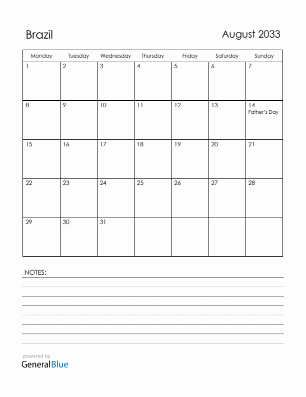 August 2033 Brazil Calendar with Holidays (Monday Start)