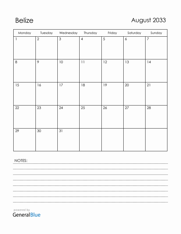 August 2033 Belize Calendar with Holidays (Monday Start)