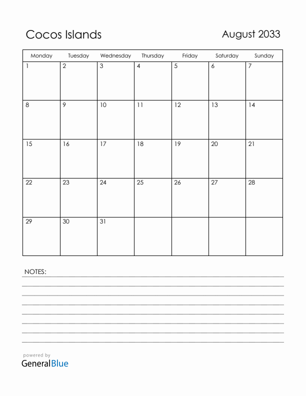 August 2033 Cocos Islands Calendar with Holidays (Monday Start)