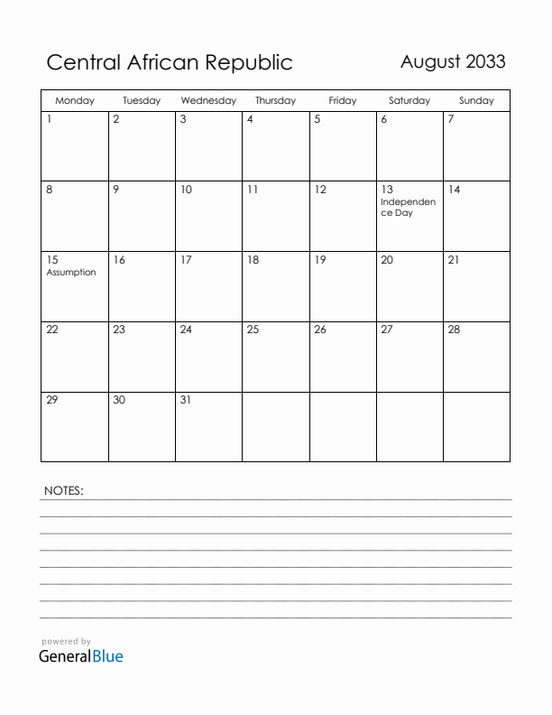 August 2033 Central African Republic Calendar with Holidays (Monday Start)