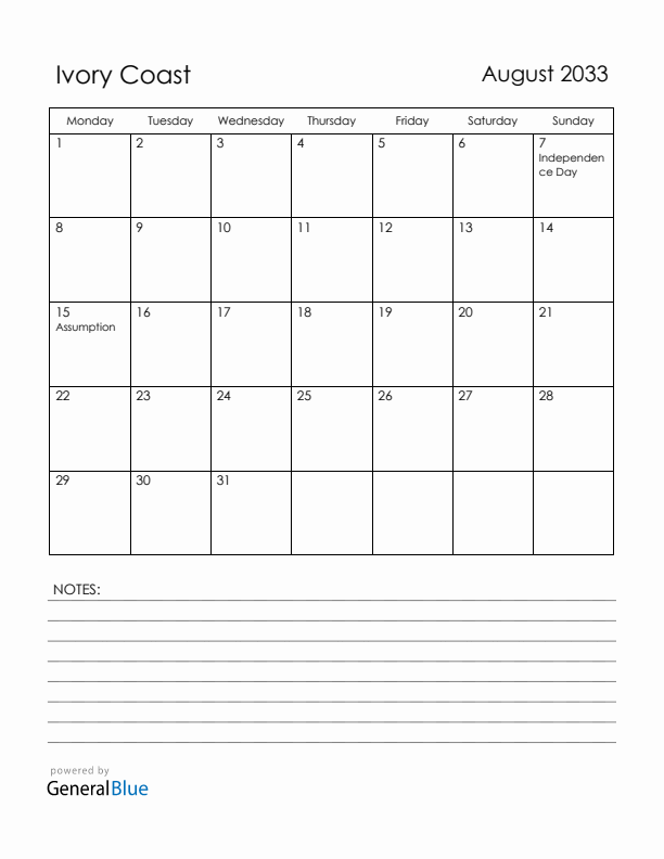 August 2033 Ivory Coast Calendar with Holidays (Monday Start)