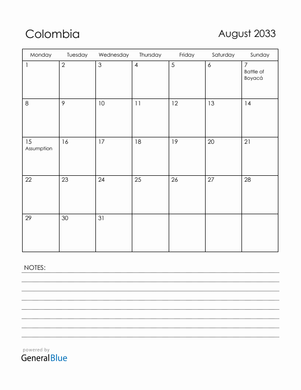 August 2033 Colombia Calendar with Holidays (Monday Start)