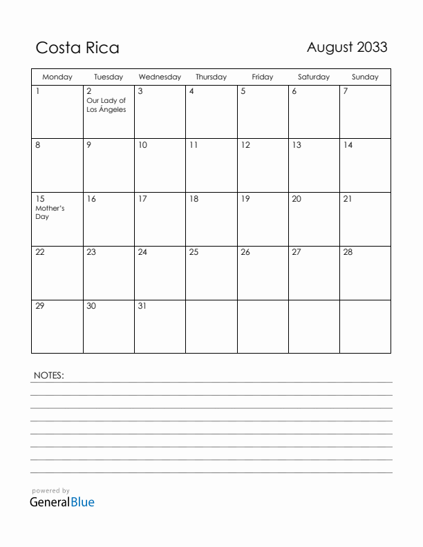 August 2033 Costa Rica Calendar with Holidays (Monday Start)