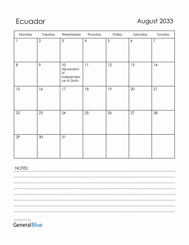 August 2033 Ecuador Calendar with Holidays (Monday Start)