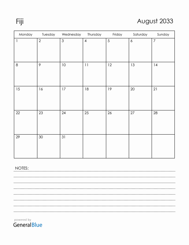 August 2033 Fiji Calendar with Holidays (Monday Start)