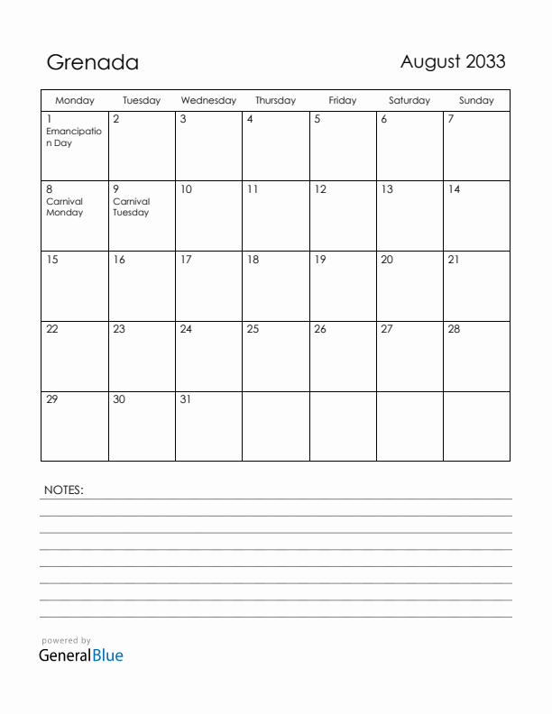 August 2033 Grenada Calendar with Holidays (Monday Start)