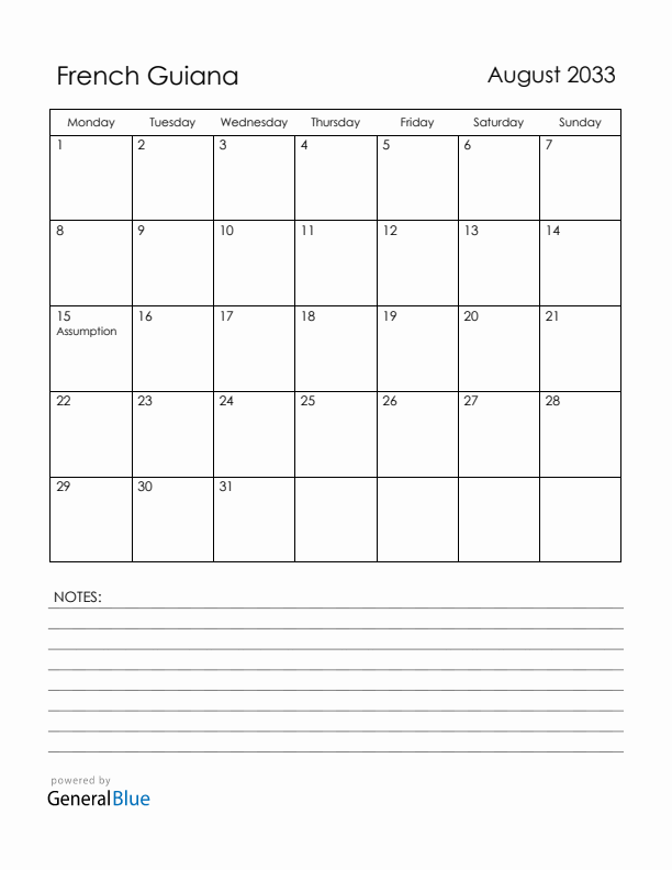 August 2033 French Guiana Calendar with Holidays (Monday Start)