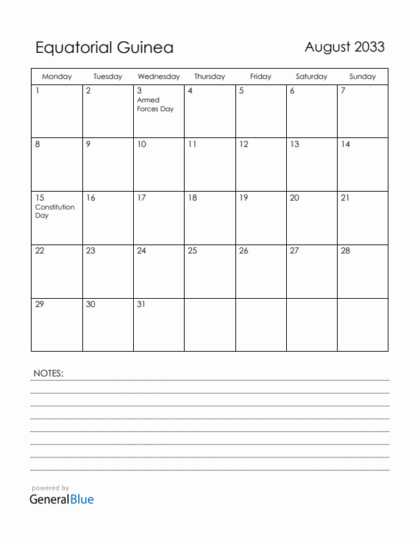 August 2033 Equatorial Guinea Calendar with Holidays (Monday Start)