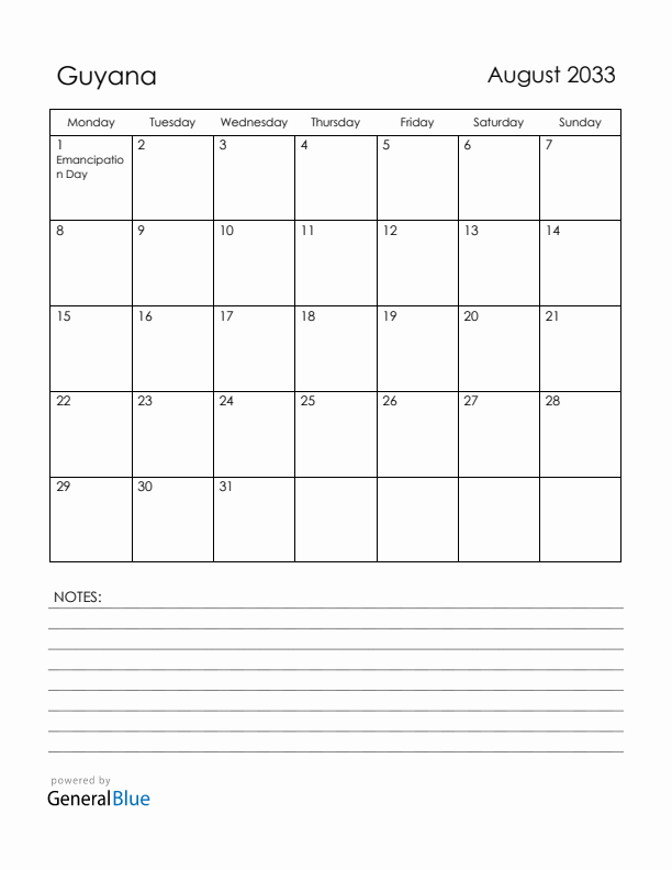 August 2033 Guyana Calendar with Holidays (Monday Start)