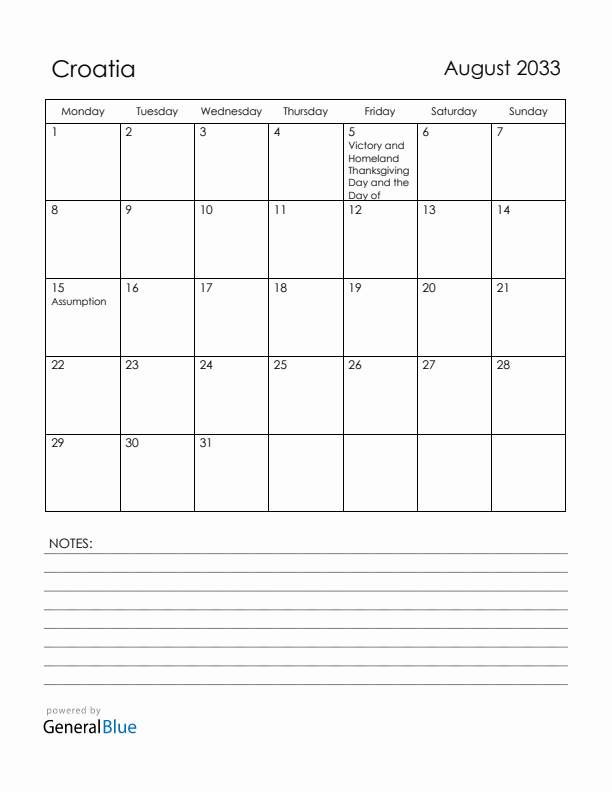 August 2033 Croatia Calendar with Holidays (Monday Start)