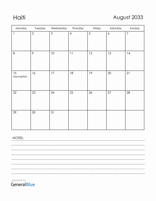 August 2033 Haiti Calendar with Holidays (Monday Start)