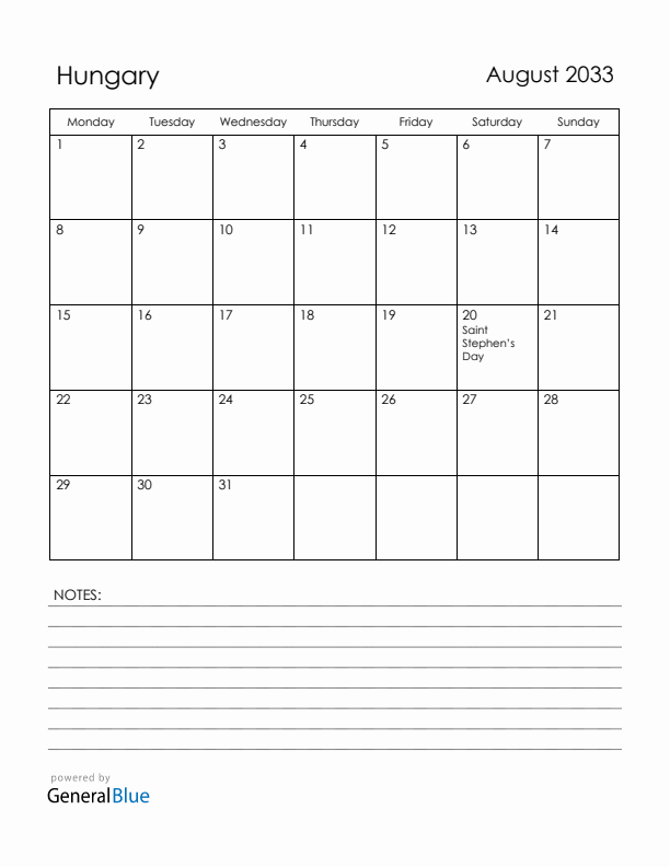 August 2033 Hungary Calendar with Holidays (Monday Start)