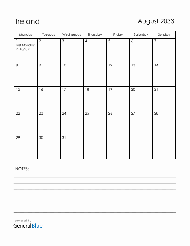 August 2033 Ireland Calendar with Holidays (Monday Start)