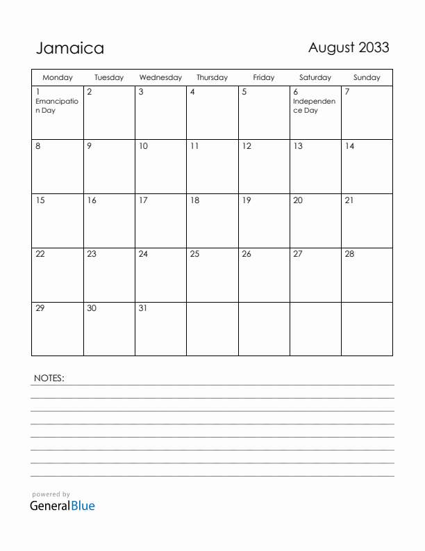 August 2033 Jamaica Calendar with Holidays (Monday Start)