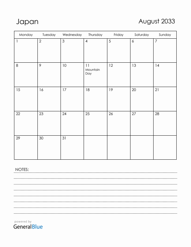 August 2033 Japan Calendar with Holidays (Monday Start)